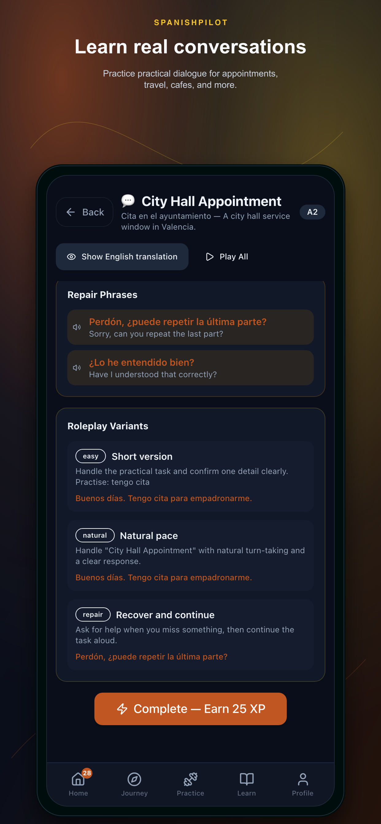 SpanishPilot conversation practice screen with repair phrases and roleplay variants
